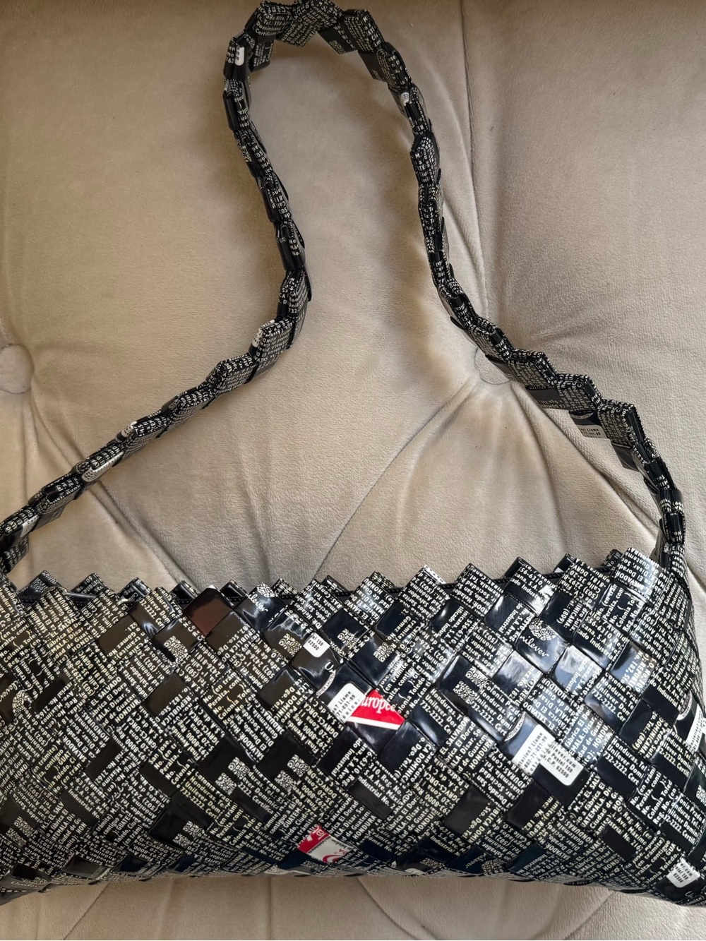 Woven Black and White Text-Print Shoulder Bag